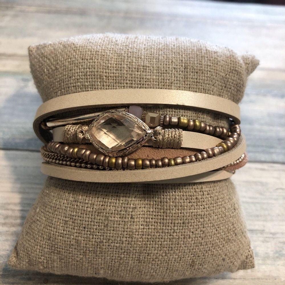 Magnetic Wrap Bracelet Leather cords Cream Tan‎